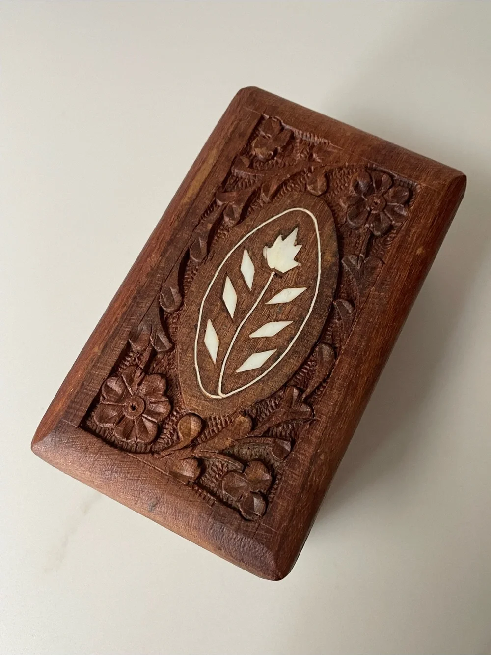 Vintage Hand-Carved Decorative Floral Wooden Trinket Box